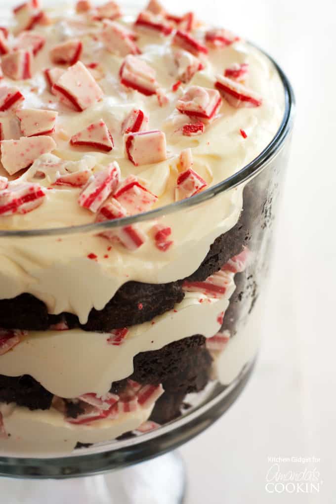 Chocolate Peppermint Trifle: layers of pudding, brownies, and candy canes