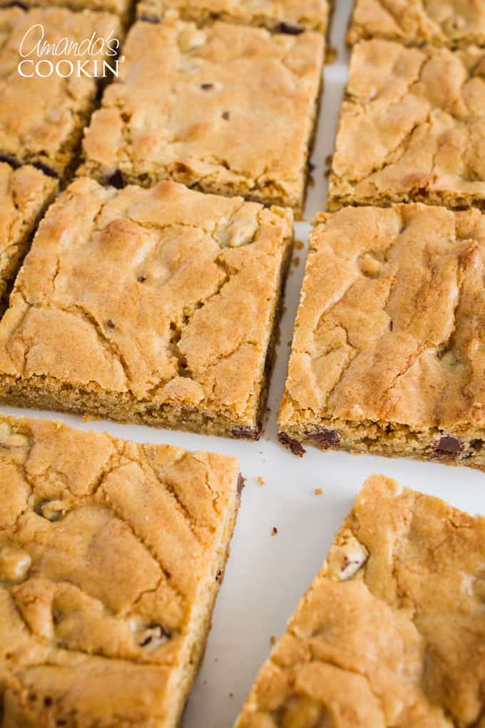Soft and chewy chocolate chip blondies.