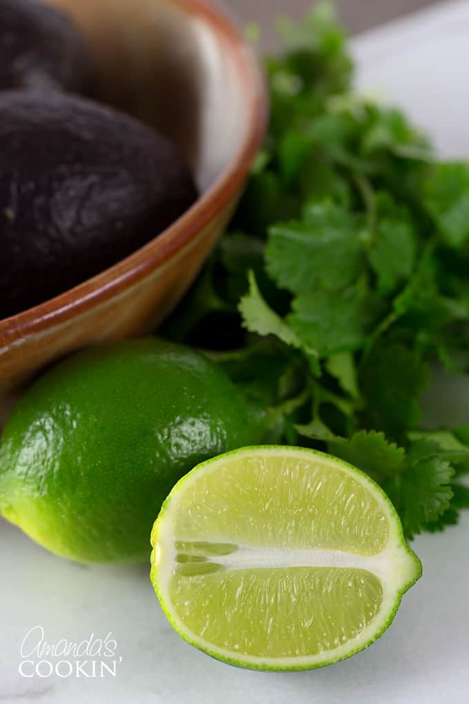 A close up of limes, avocado and cilantro.