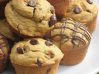 A close up photo of chocolate chip pumpkin muffins.
