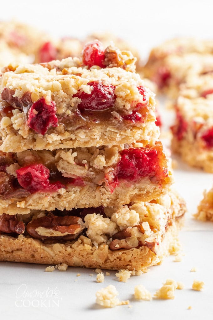 cranberry caramel bars stacked on each other