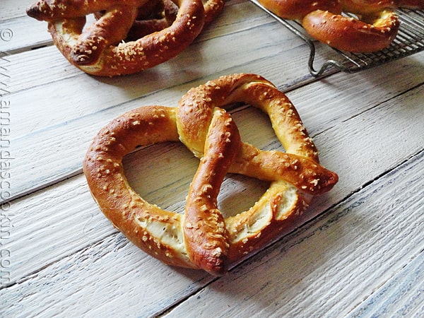 A close up of a homemade German pretzel.