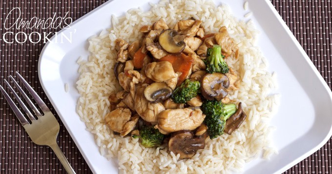 chicken and mushroom stir fry on bed of rice