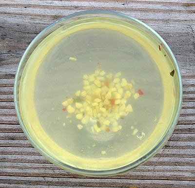 An overhead photo of a glass of pickle juice.