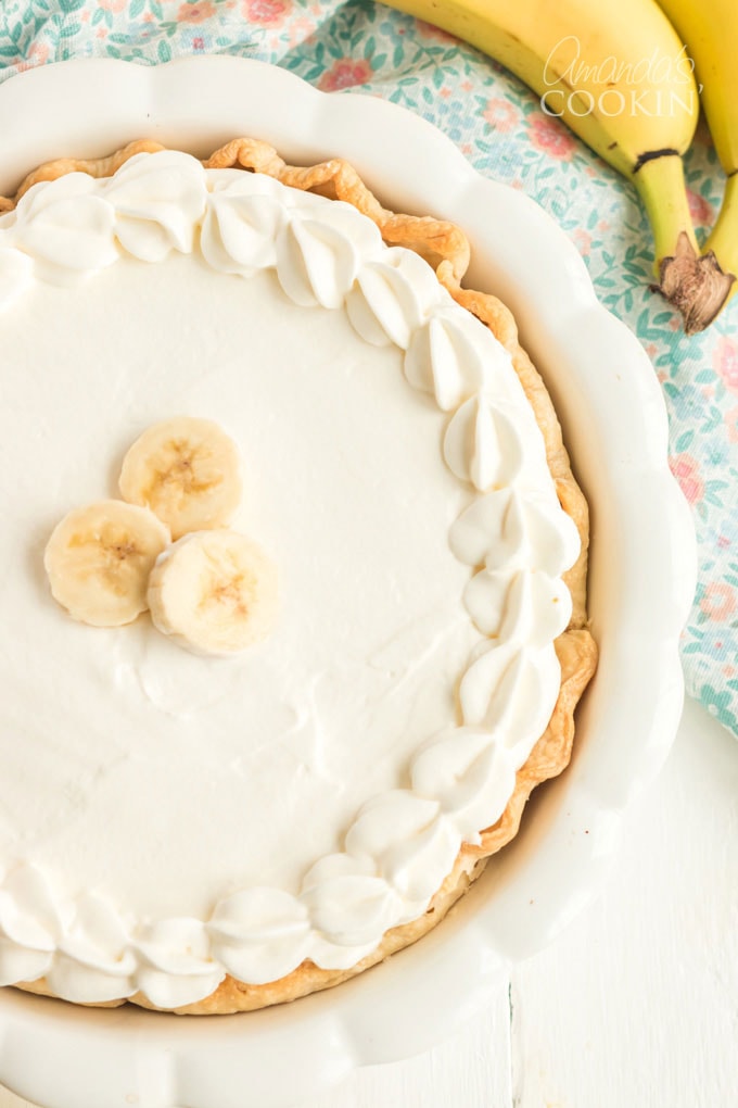 overhead view of banana cream pie that isn't sliced