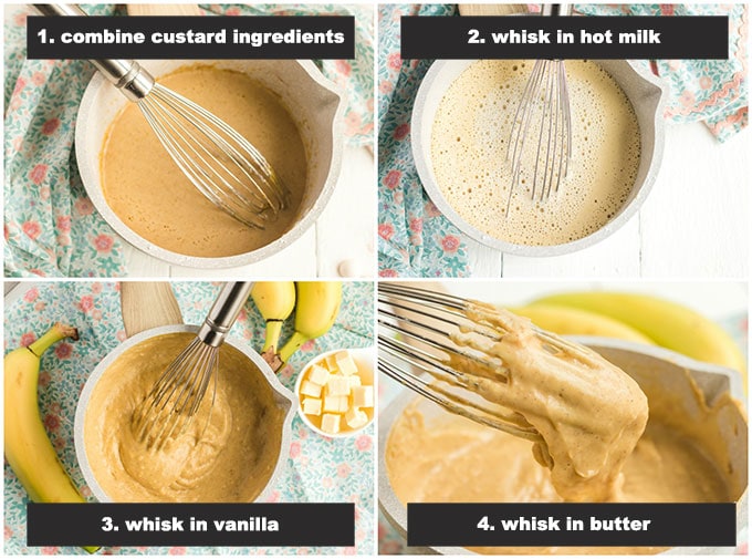 first four illustrated steps of making banana cream pie filling