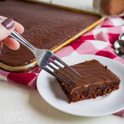 A piece of chocolate cake on a plate with a fork