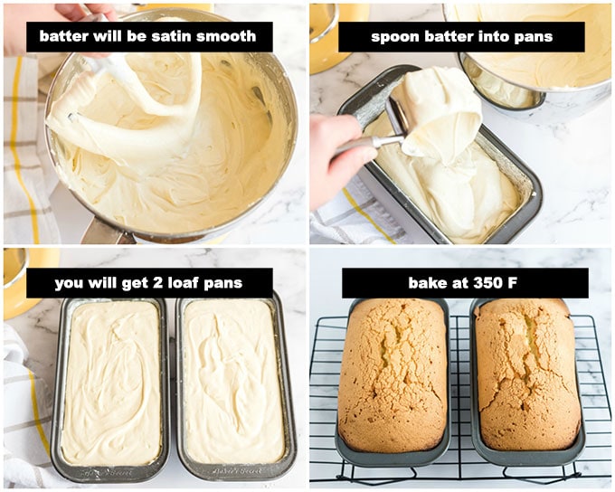 illustrated steps for spooning batter into loaf pans