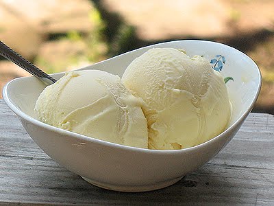 A close up of two scoops of white chocolate ice cream in a white bowl.