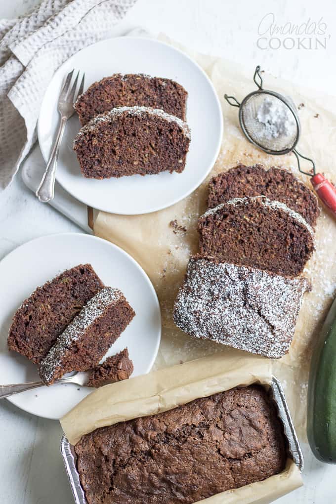 Chocolate Zucchini Bread sliced with powdered sugar on top