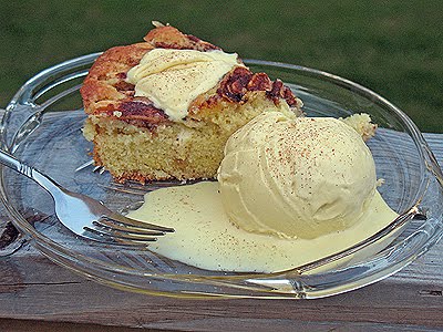 A scoop of cinnamon ice cream on a plate next to a slice of Milopita.