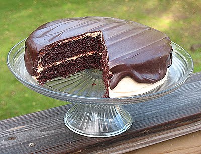 A photo of a chocolate cake with peanut butter frosting and chocolate peanut butter topping resting on a cake stand with a slice removed.