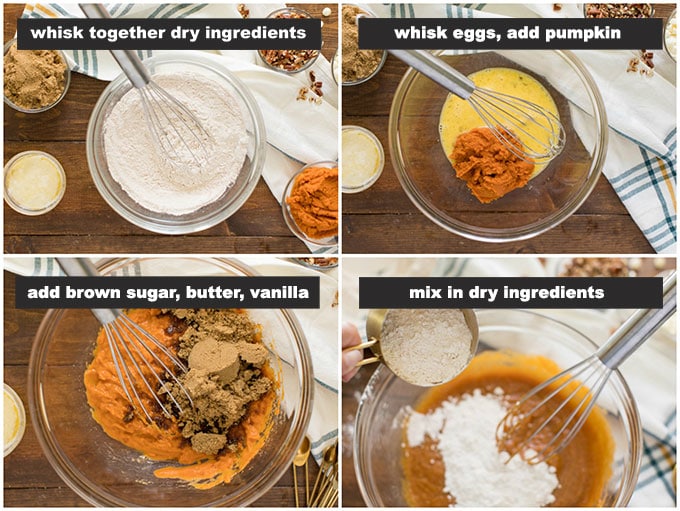 photos illustrating how to make pumpkin cake batter