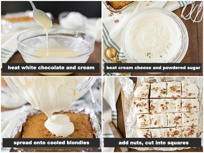 photos illustrating how to make white chocolate cream cheese frosting for cake