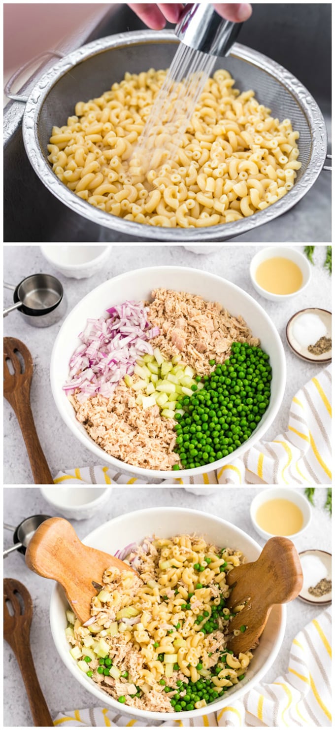 rinsing pasta and combining with ingredients