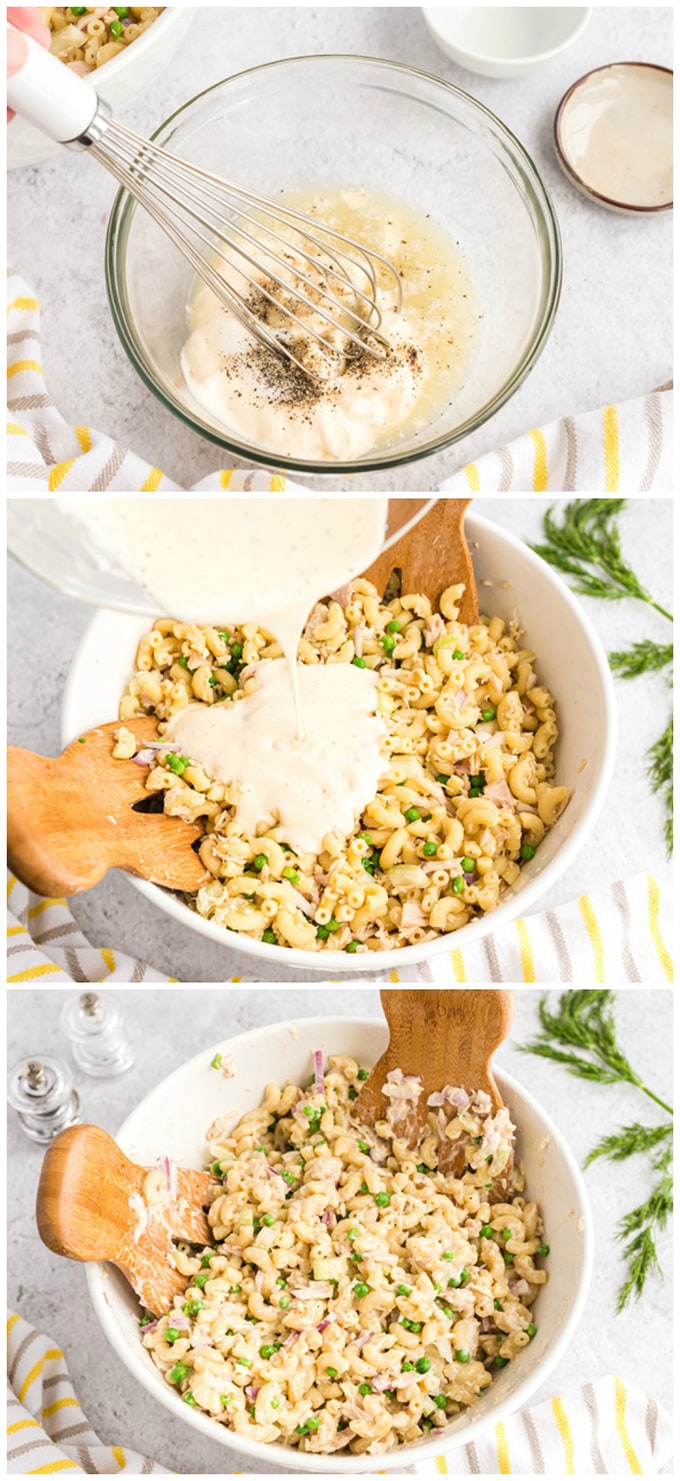 adding dressing to tuna pasta salad