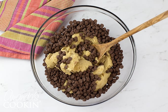 dough in a bowl with chocolate chips