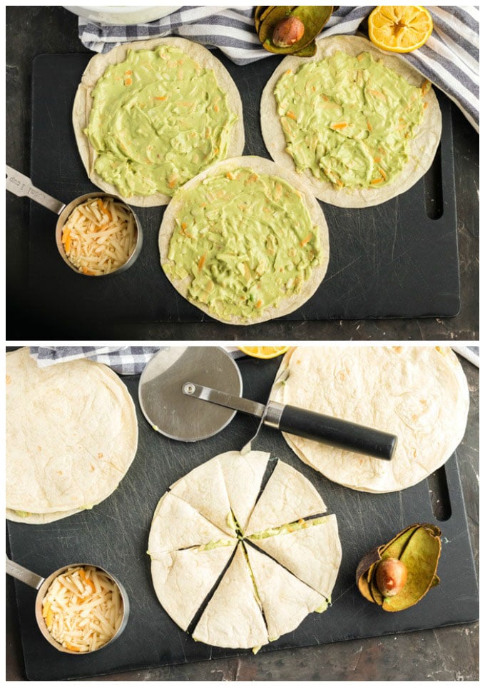 avocado mixture spread on to tortillas