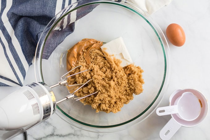 peanut butter cookie ingredients in a mixing bowl