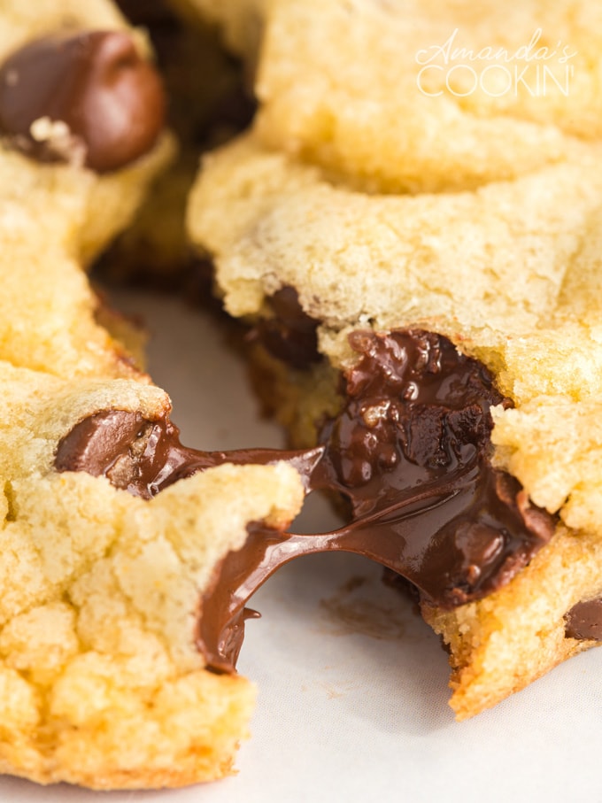 melted chocolate in a Chocolate Chip Pudding Cookie