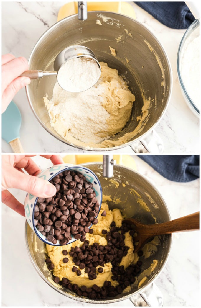 adding chocolate chips to cookie dough