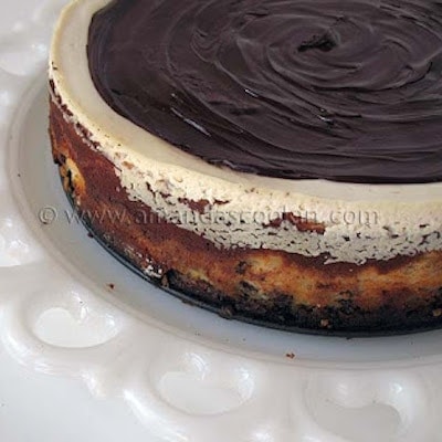 A close up photo of a chocolate chip ricotta cheesecake.