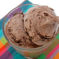 A close up photo of double chocolate chip ice cream in a clear dish.