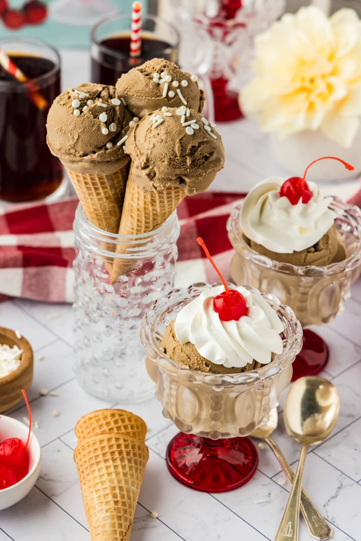Root Beer Ice Cream in dessert dishes and in sugar cones