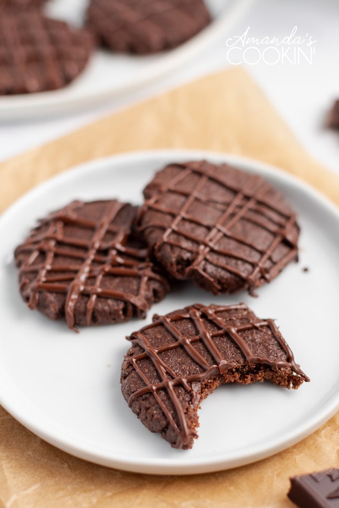 chocolate mint cookies on plate with a bite out of it