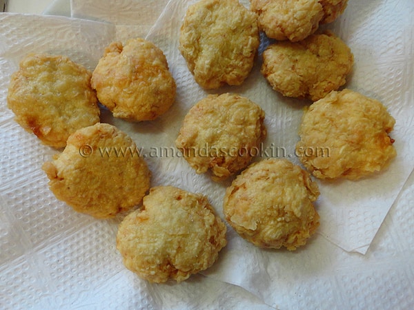 An overhead photo of homemade chicken nuggets on a paper towel.