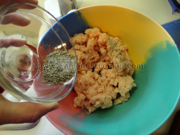 A photo of salt, pepper, onion powder, oregano and parsley seasoning being poured over raw chicken in a bowl.