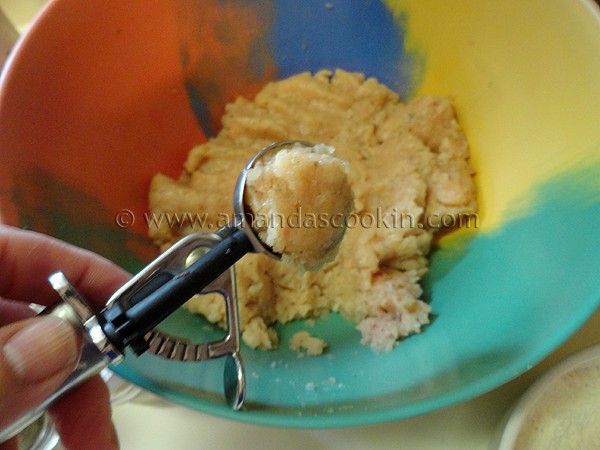 A photo of a cookie scoop filled with raw chicken.