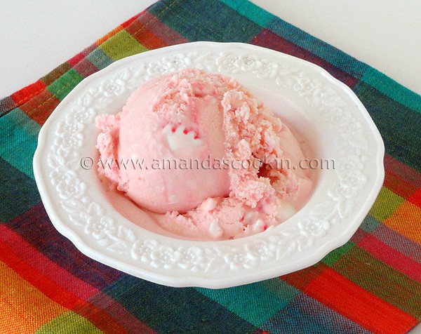 A close up photo of homemade peppermint ice cream in a white bowl.