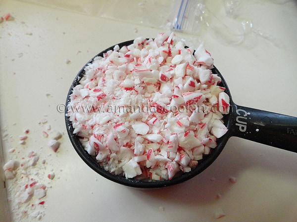 A photo of one cup of chopped peppermint candies
