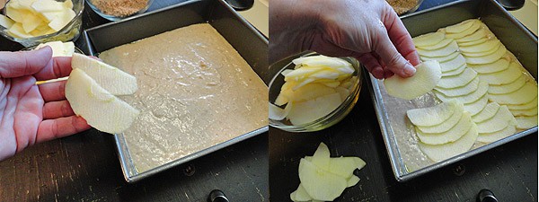 Photos of apple slices being placed on top of the batter.