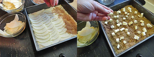 Photos of cinnamon sugar being sprinkled on top of the apples and butter squares on top of the cinnamon sugar.