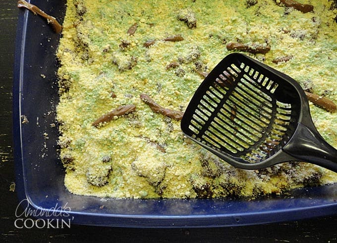 An overhead photo of a kitty litter cake.