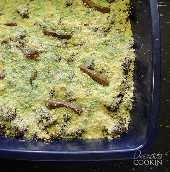 A close up overhead photo of a kitty litter cake.