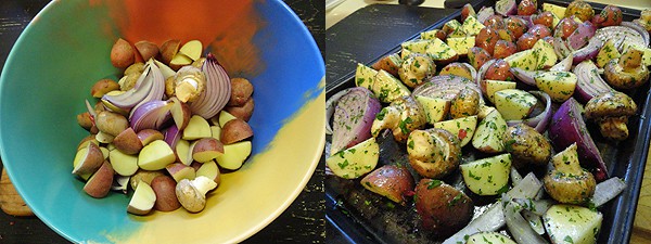 A photo of a bowl of cut up red onion, mushrooms and potatoes. Another photo of red onion, potatoes and mushrooms on a baking sheet.