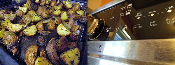 A close up photo of roasted potatoes, red onion and mushrooms on a baking sheet. Another close up photo of an oven.