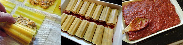 A close up photo of unbaked lasagna roll ups in a baking dish.