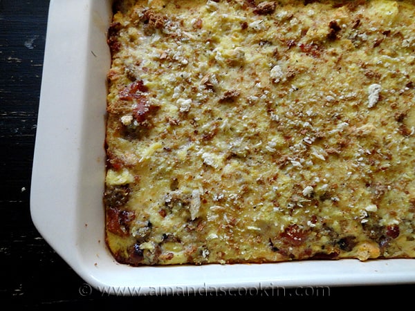 An overhead photo of a herbed breakfast stuffing casserole.