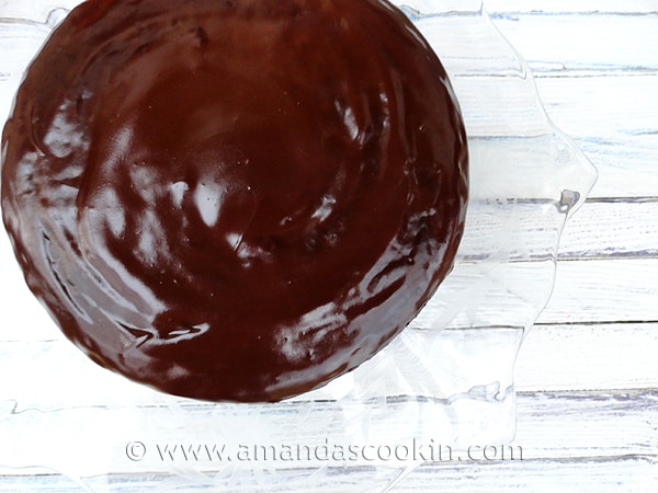 An overhead photo of deep dark chocolate cake.