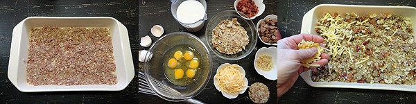 An overhead photo of ingredients to make herbed breakfast stuffing casserole separated in bowls.