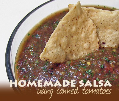 A close up photo of homemade salsa in a bowl with two tortilla chips on top.