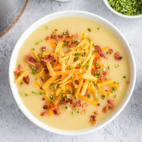 bowl of potato cheese soup garnished with bacon