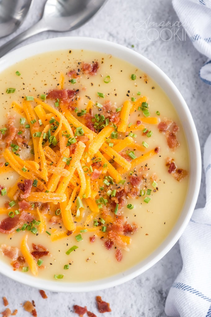 close up overhead photo of cheddar potato soup
