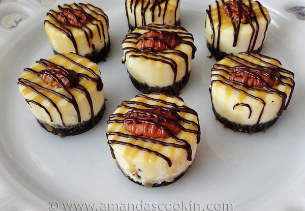 An close up photo of mini turtle cheesecakes resting on a white decorative platter.