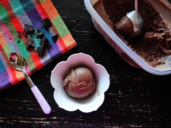 An overhead photo of a scoop of black cow ice cream in a decorative bowl.