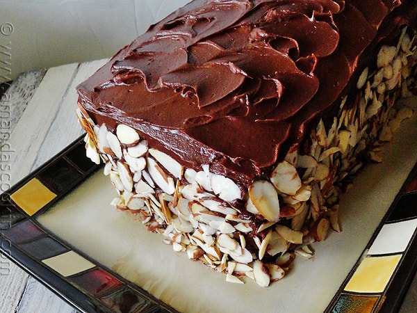 chocolate cake garnished with almond slices